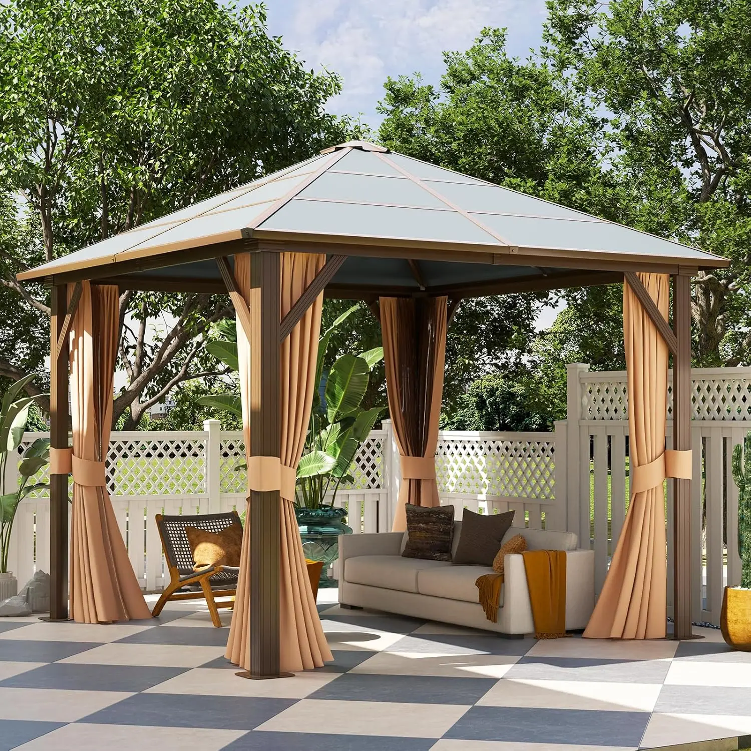 Aoxun 10' x 10' Gazebo Single Polycarbonate Roof, Outdoor Aluminum Frame Everlasting Pergolas with Netting and Curtains