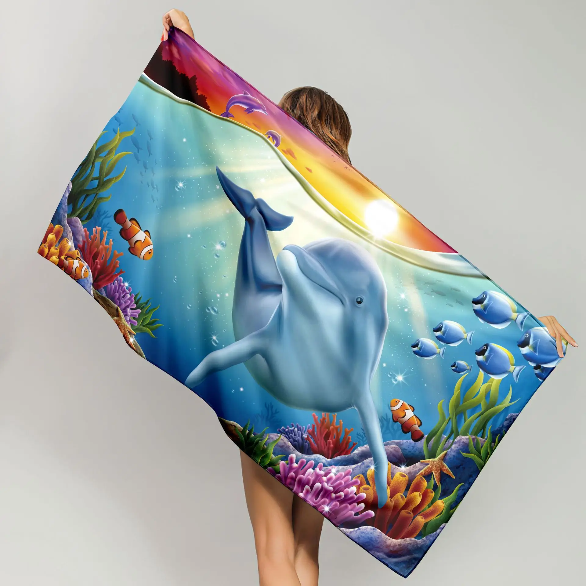 One Tropical Dolphin Pattern Beach Towel Quick Dry for Travel Yoga Fitness Swimming and Gaming Coastal Themed Rectangular Towel