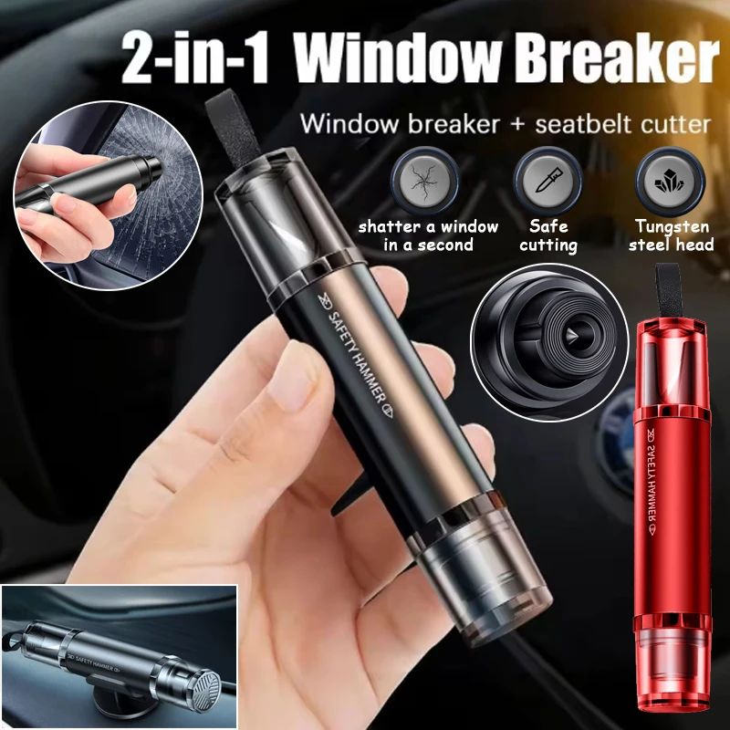 1PC Window Glass Breaker 2-in-1 Car Safety Hammer Seat Belt Cutter High Hardness Tungsten Steel Emergency Rescue Tool with Base