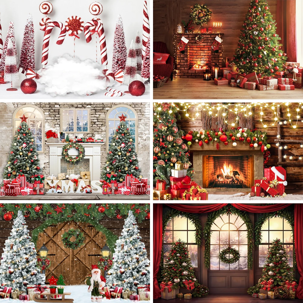 

Christmas Winter Party Background Window Curtain Xmas Tree Fireplace Banner Snowman Photography Studio Prop Customized Decor