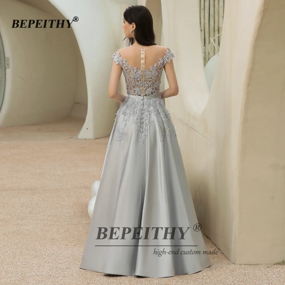 BEPEITHY Customized A-Line Sliver Long Evening Dress Cap Sleeves Floor Length See Through Top Prom Dresses 2023 Luxury Gowns