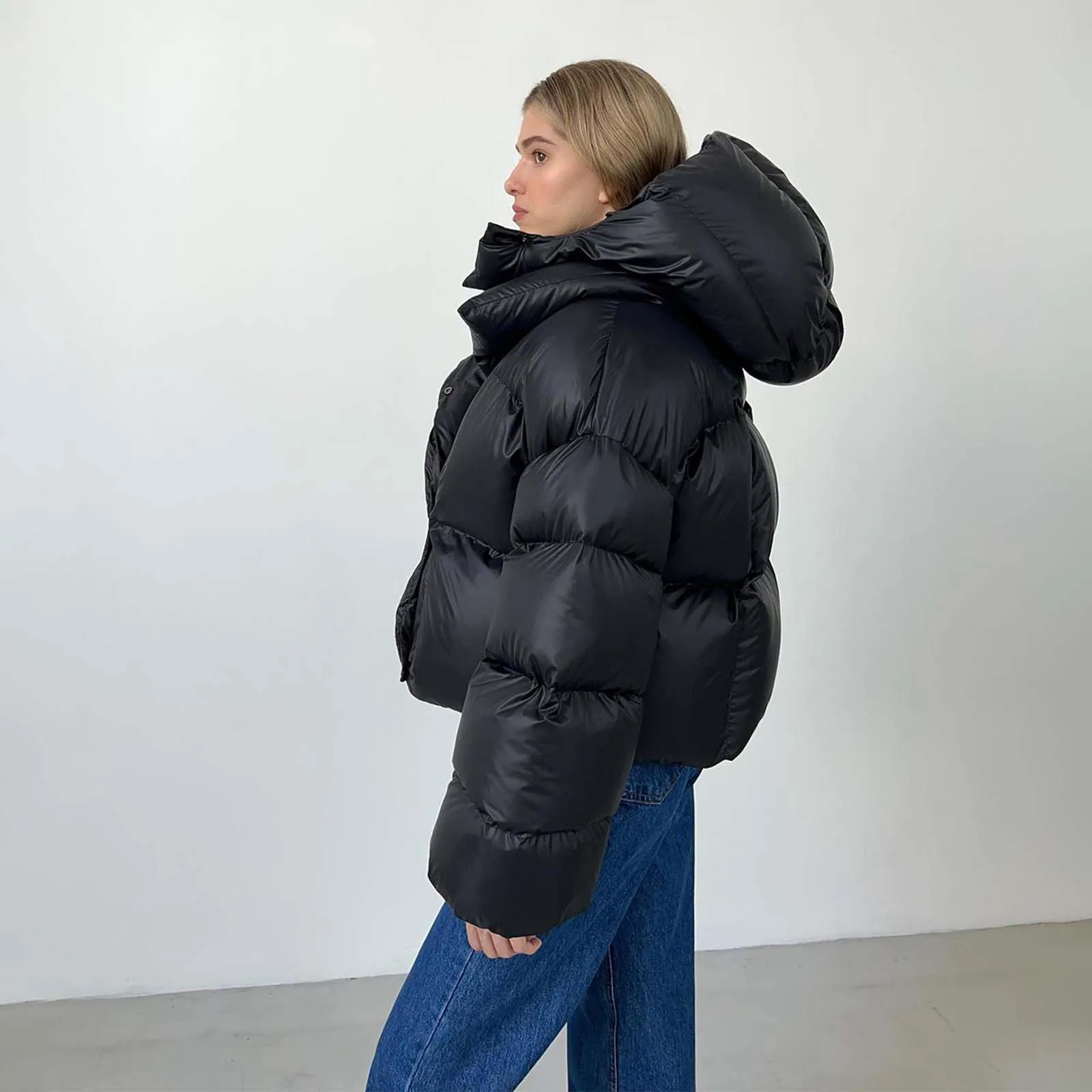 Winter Quilted Jacket Women Thick Warm Parkas Cropped Hooded Jackets High Street Solid Cotton Padded Outwear Puffer Outwear