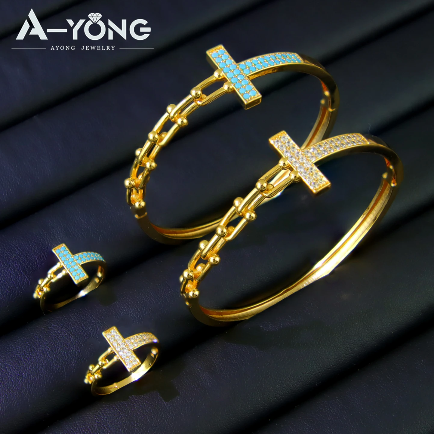 

Fashion Dubai Gold Plated Bracelet Ring Set 21k Gold Color Luxury Italian Zircon Cuff Bangles Saudi Women Wedding Party Jewelry