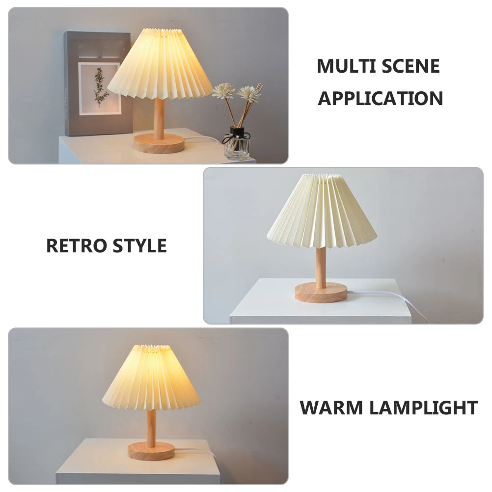 

Solid Wood Desk Lamp Mini Table Light Retro Style Night Pleated Lampshade Skirt Shaped Bedroom Warm Lamplight Eye Protection