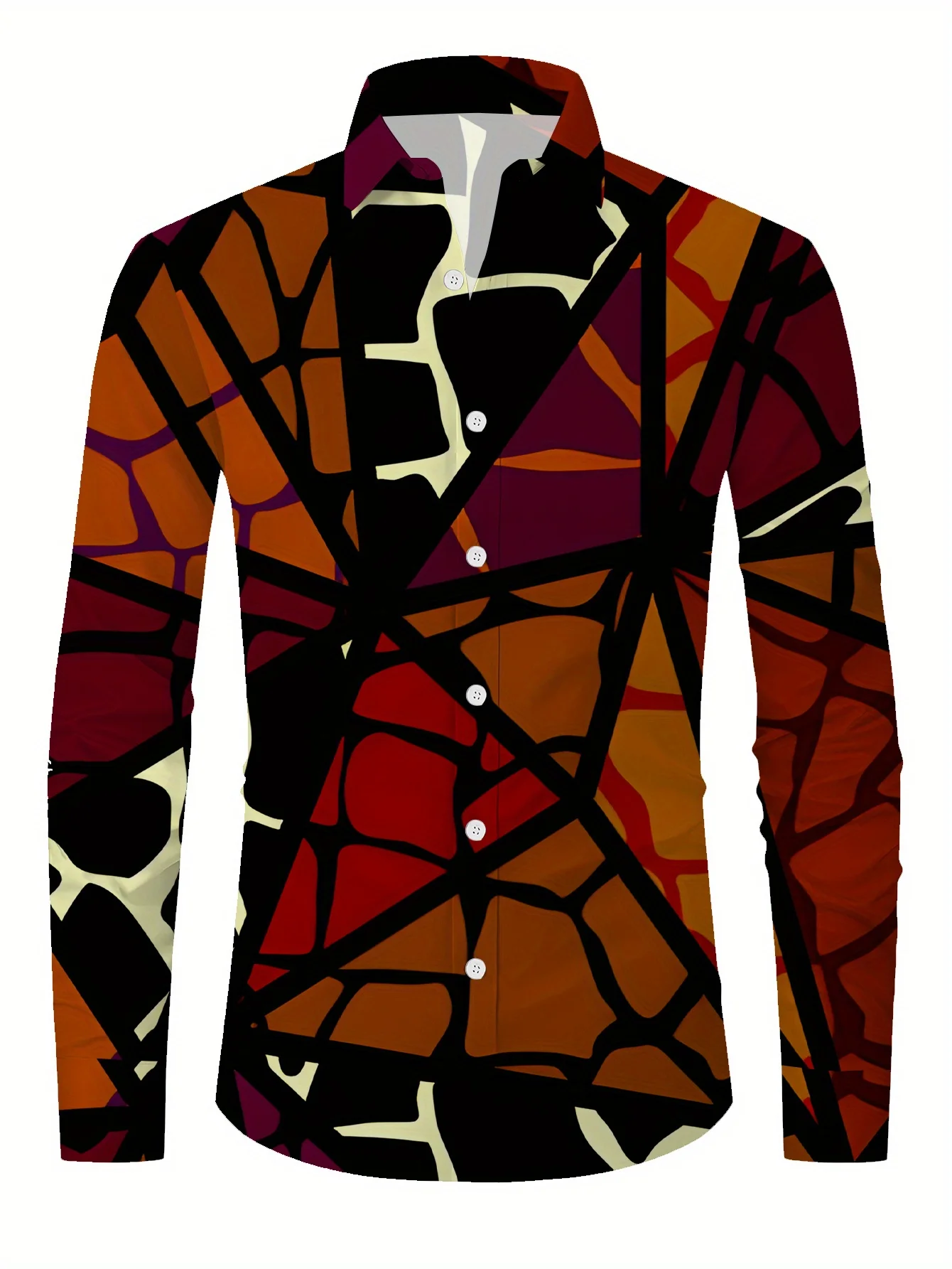 Men's Geometric Print Long Sleeve Shirt - Stretch Polyester/Elastane Blend, Regular Fit Button-Up with Contrast Color Accents