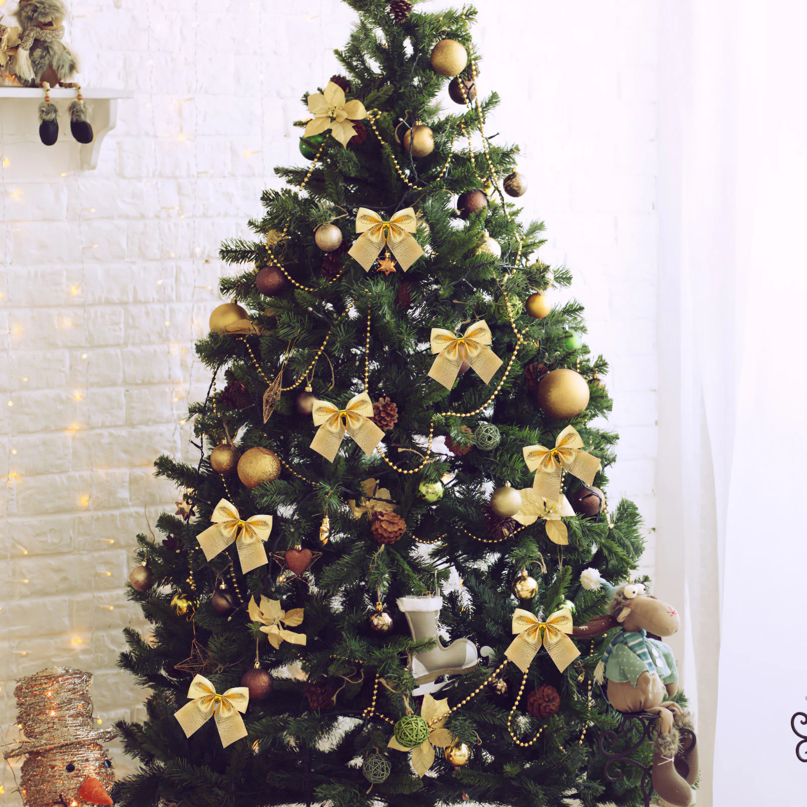 

12Pcs Golden Ribbon Bows Bowknot Christmas Tree Hanging Decorations Satin 500x500cm Christmas Tree Hanging Decorations