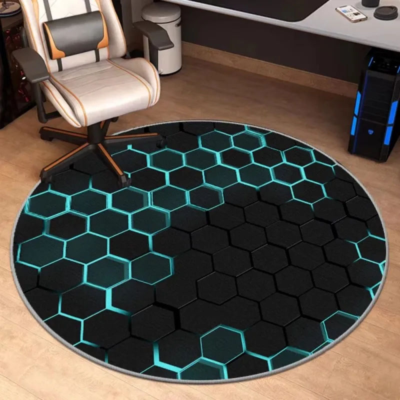 VIKAMA Hexagonal High-Tech Round Rug—Gaming Room, Computer Swivel Chair, Home Office, Non-Slip, Noise-Reducing Home Decor