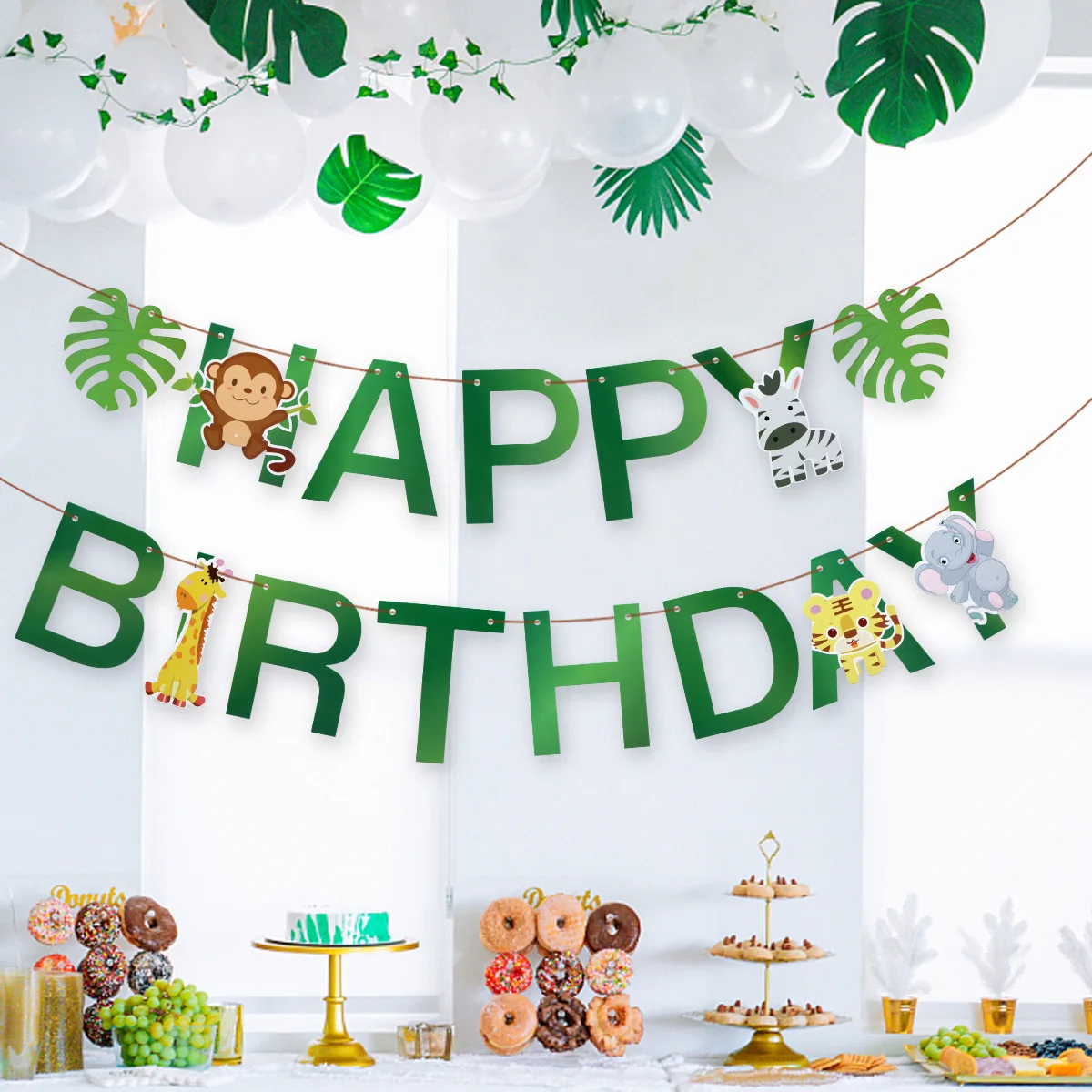 Forest Animal Birthday Banner Jungle Safari Kids One 1st Birthday Banner Monekey Giraffe Happy Birthday Party Decor HangingFlags