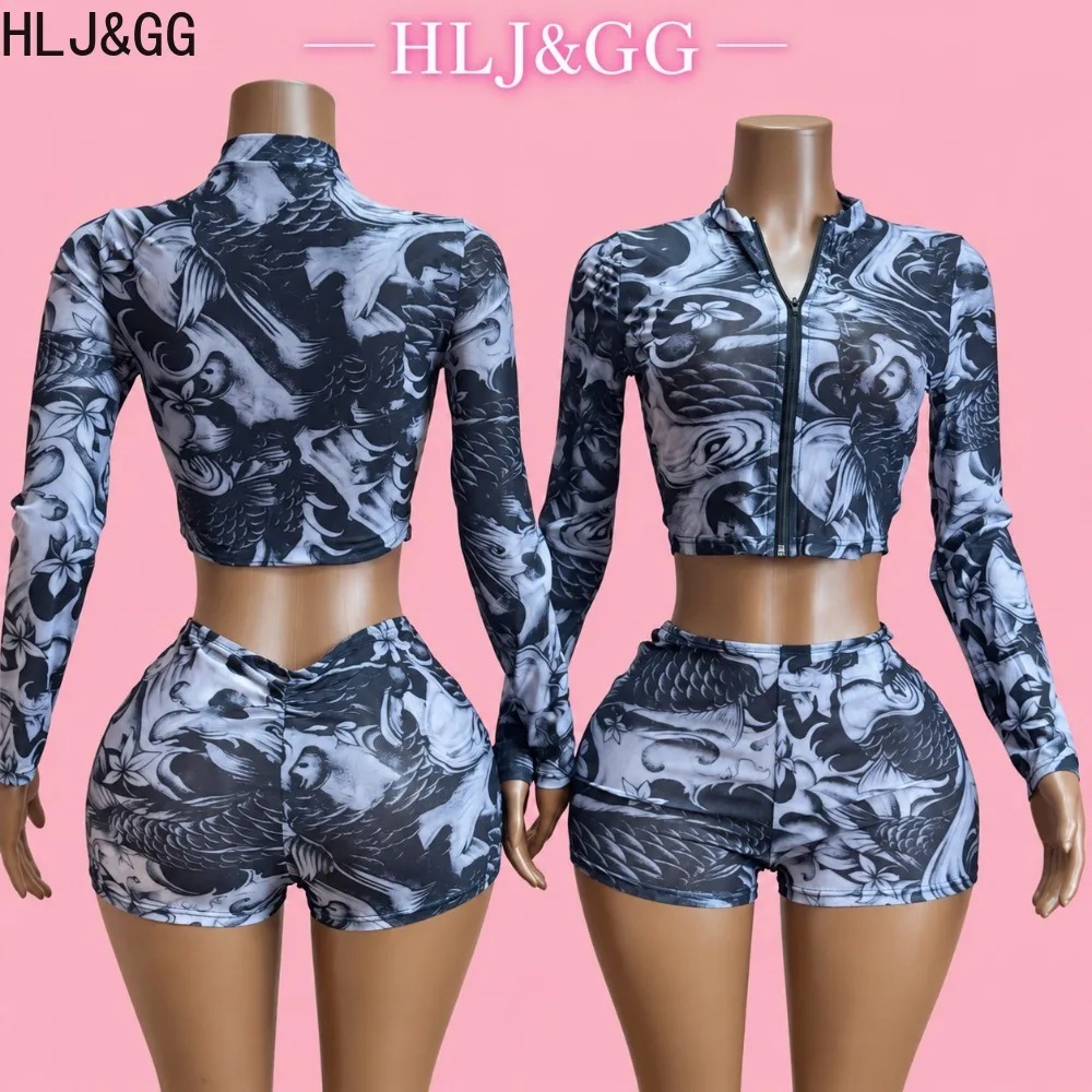 HLJ&GG Women Printed Mesh Two Piece Set Zip Up Long Sleeve Crop Top High Waist Shorts Sexy Bodycon Clubwear Matching Outfits New