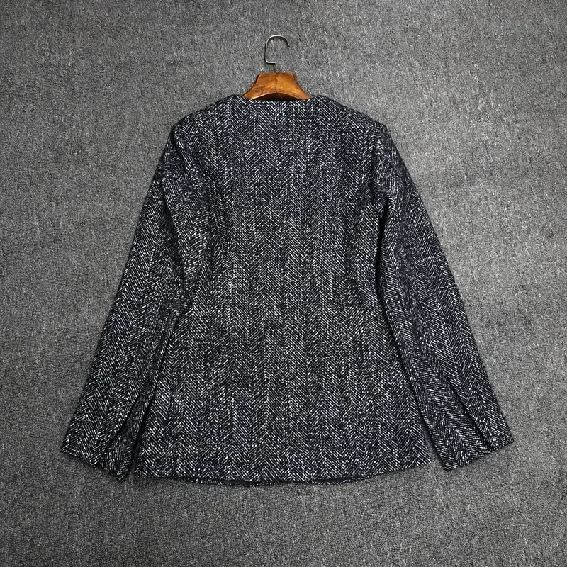 Dave&Di Nordic Elegant Autumn Winter Minimalist Wool Gray Round-neck Jacket Suit Women's Jacket Woman Clothes Tops Blazer Woman