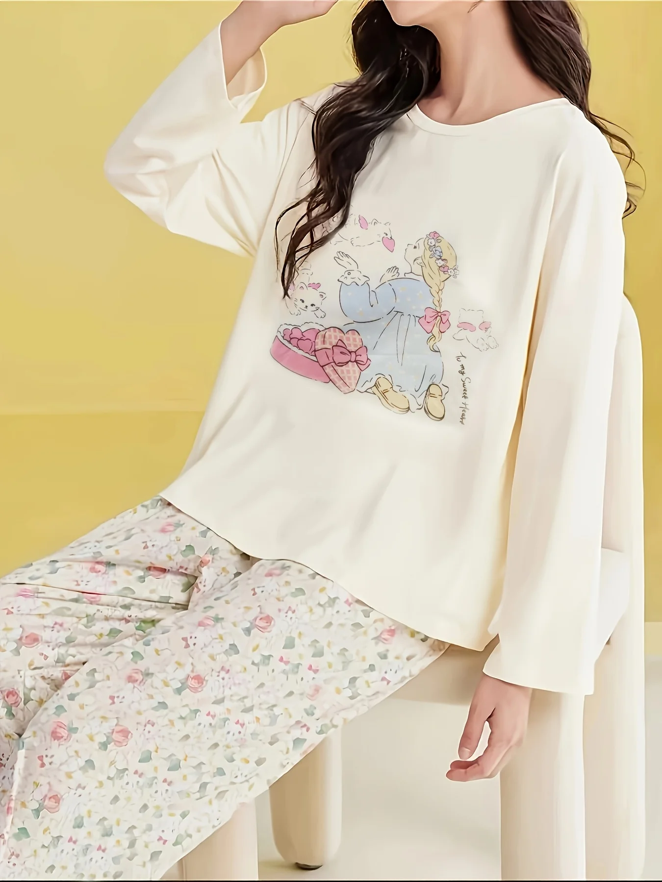 

Осенне-зимний женский пижамный комплект — пижама-пуловер с круглым вырезом и принтом «Сказка» для девочек, брюки с цветочным принтом, свежие и милые