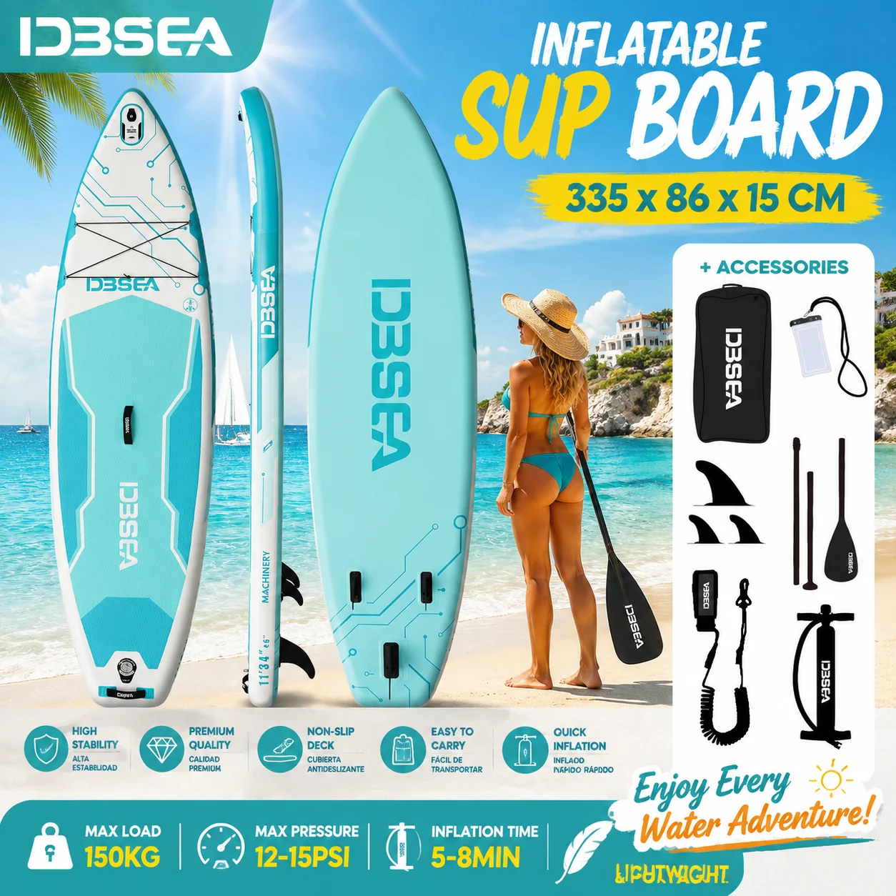 Cette planche à pagaie gonflable extra-large de la série mécanique mesure 335x86x15 cm et est dotée d'un circuit avancé pour une stabilité accrue, ce qui la rend adaptée aux adolescents et aux adultes pour une variété de sports nautiques en plein air, y compris la pêche, sur le lac et dans d'autres contextes.