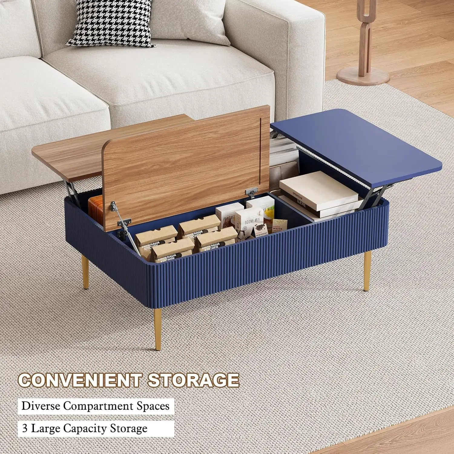 47" Dual Lift Top Coffee Table With Storage, Modern Wood Fluted Coffee Table With Hidden Compartment,Lift Tabletop Dining Center