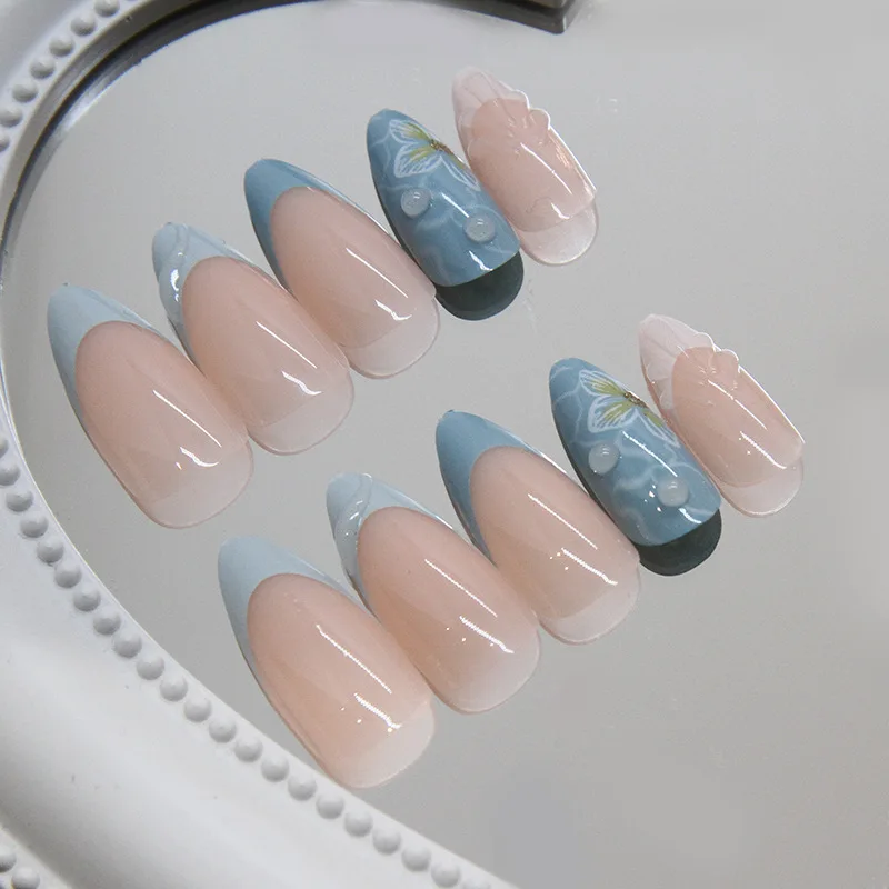 24 ชิ้นฤดูร้อนเล็บปลอมกับกาวดอกไม้เปลือกหอยคลื่นกดบนเล็บอะคริลิคด้วยกาว 3d ภาษาฝรั่งเศสคํา Sliders สําหรับเล็บ Self - เล็บ