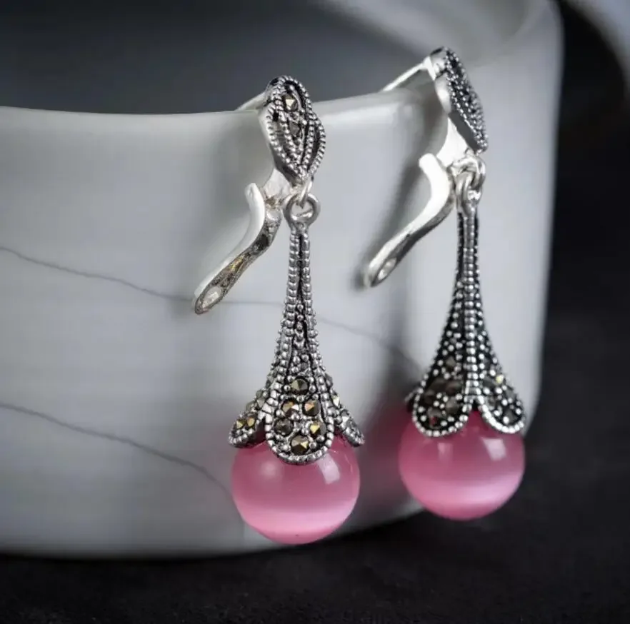 

Lady's iSTONE VINTAGE 11/2" RED Natural Stone MARCASITE 925 SILVER Natural Stone bread silver big earrings