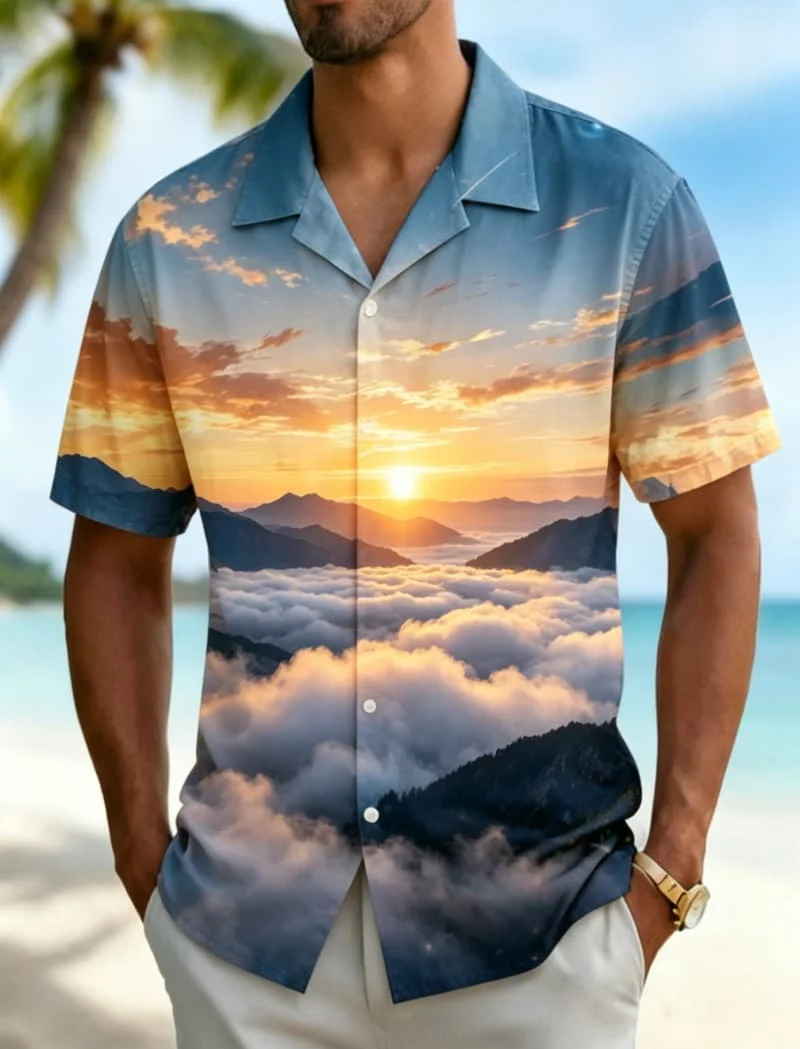Men's Sunset Landscape Print Vacation Shirt，for Picnic Outings, Casual Commute, Weekend Trips and Relaxed Daily Wear
