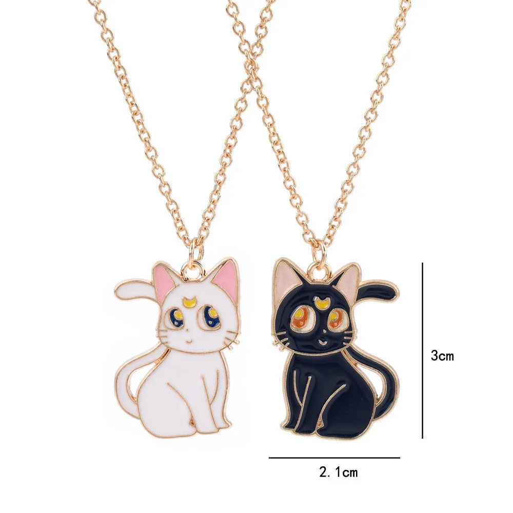 Lovecryst 2Pcs/set Cute Black White Cat Alloy Drop Oil Best Friend Necklace for Kids Girls Fashion Friendship Gifts