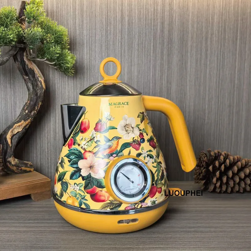 1.7L Retro Yellow Decal Electrc Kettle Boiling Water Home With Thermometer Automatic Power Off 304 stainless Steel Teapot 1850W