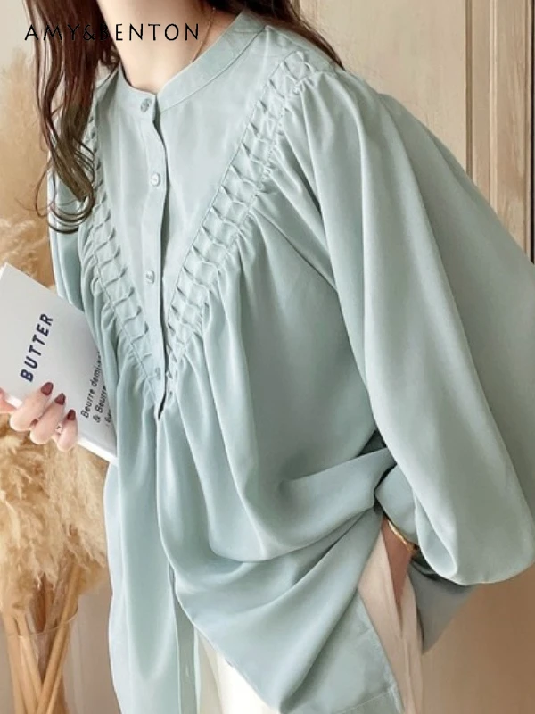 

Japanese Sweet Temperament Round Neck Pleated Lantern Sleeve Blouse Women Loose Slim Pure Color Shirts All Match OL Women Tops