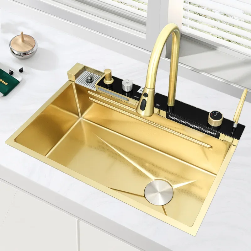 

Luxury Gold Stainless Steel Undermount Kitchen Sink Single Bowl Smart Farm Multifunctional Waterfall Nano Surface Handmade