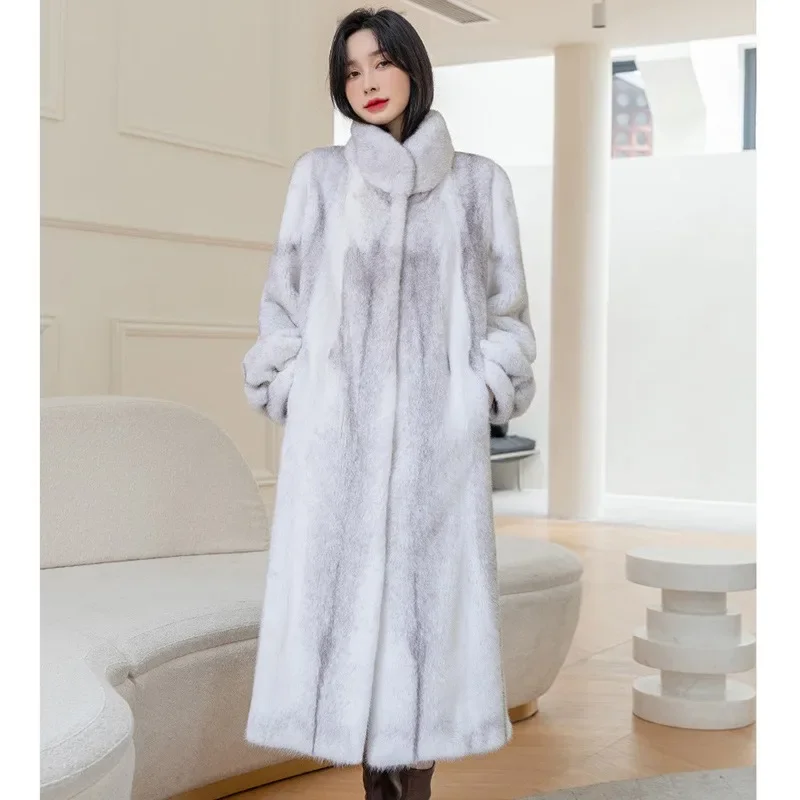 Women's Long Mink Coat Winter New Fashion Stand Collar Warm Fur Coat Casual Long Sleeves Spliced Pockets Commute Women Clothing