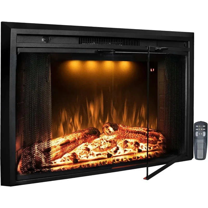 Benrocks 36” Electric Fireplace Inserts with Glass Door and Mesh Screen, Multicolor Flames & Fire Crackling Sounds, Timer