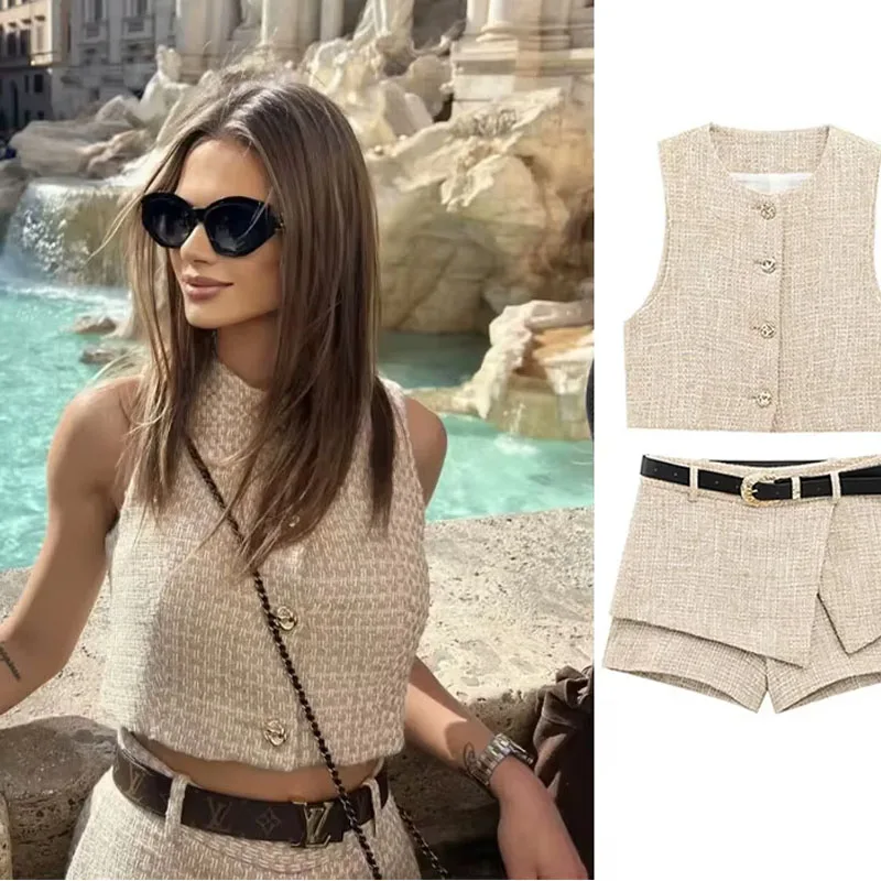 Frauen Sommer Kahiki Plaid Casual Shorts Set Mode Oansatz Tweed Textur Weste + Doppel Verbot Mit Gürtel Shorts 2025