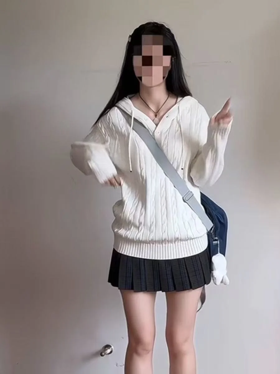 

Белый вязаный длинный свитер свек Jaet, женский осенне-зимний комплект для колледжа JK orm, клетчатая юбка, повседневный модный наряд