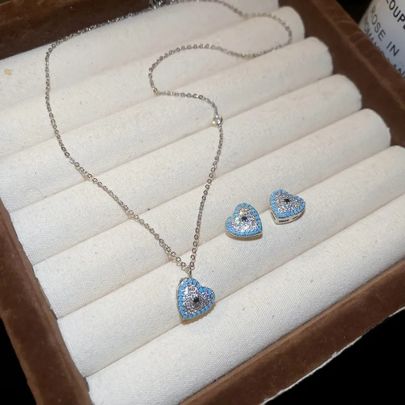

Minar Classic White Blue Mix Color CZ Cubic Zirconia Heart Jewelry Sets for Women Girls Silver Plated Copper Necklace Earrings