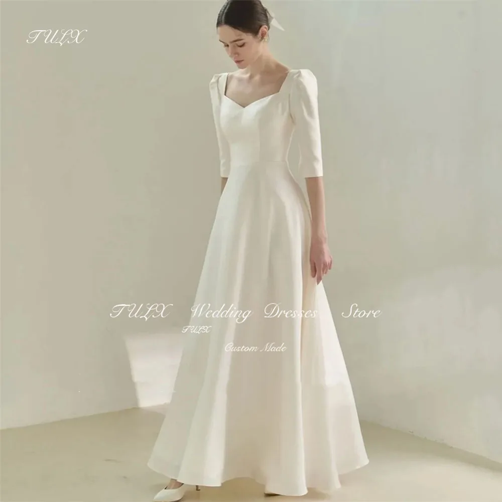 TULX Elegant Korea Ivory V-Neck Elegant Satin White Wedding Dresses 웨딩드레스 A-Line Half Sleeves Custom Made Bride Gowns Plus Size