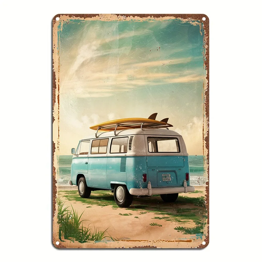 Peinture sur métal 2D, plaque décorative vintage en métal HD, motif VW Bus, planche de surf, art mural de plage, décoration rétr
