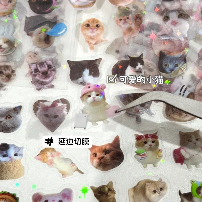 10pcs Ins Vintage Cat Laser Stickers Double Transparent Cut Memo Planner Waterproof Handmade Journal Decor Stickers