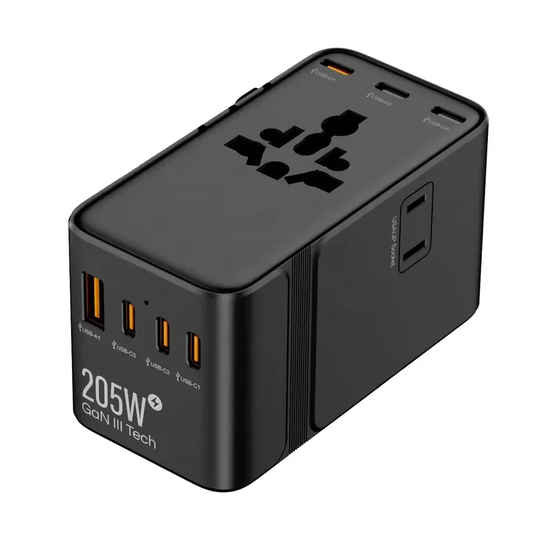 7 in 1 205W GaN Multi Port Ultra Fast Global Universal International Travel Plug Adapter with 6 Type C and 1 USB Ports