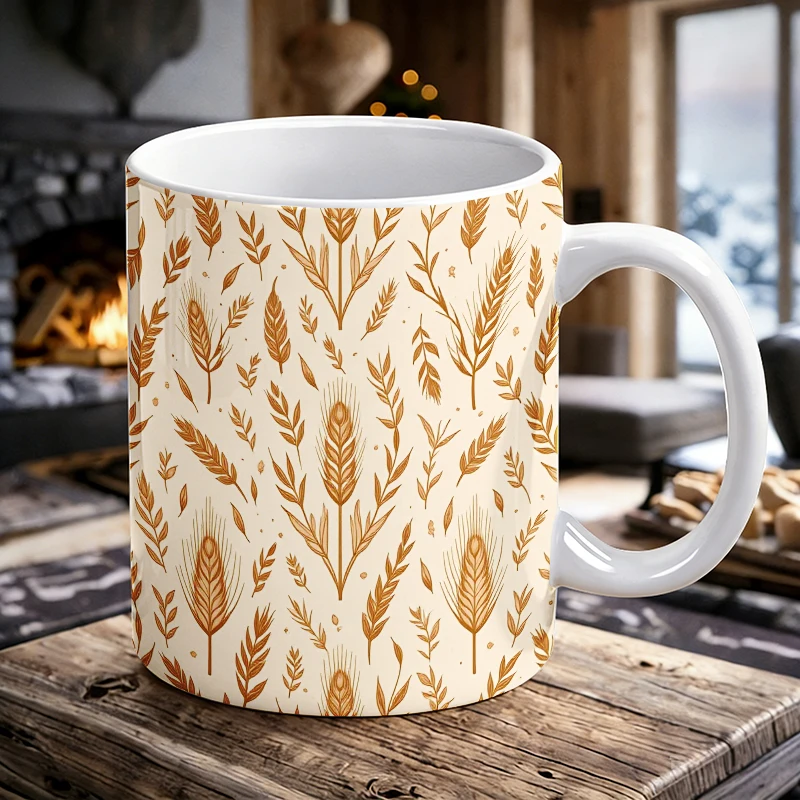 

11 oz Golden Wheat Handle Ceramic Mug, Full Print Pattern Coffee Cup, Insulated Milk Cup, Office Water Cup, Fade-Resistant