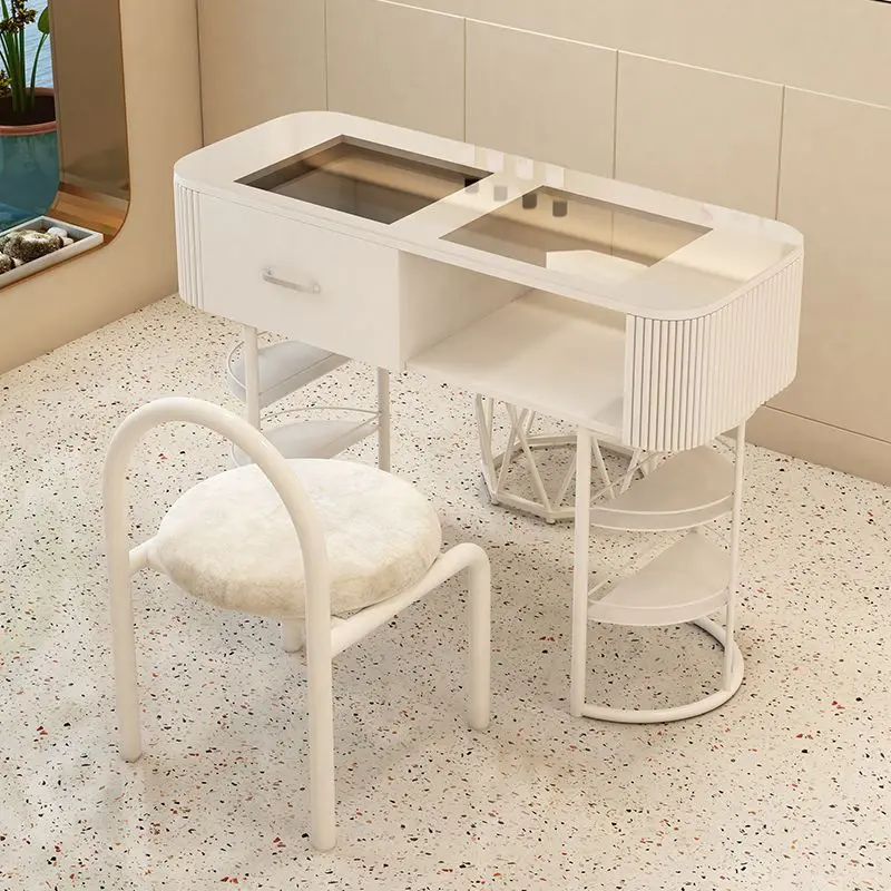 Modern Nail Desk White Gray Economy Glass Single And Double Selling Light Luxury Nail Desk Nail Shop Set