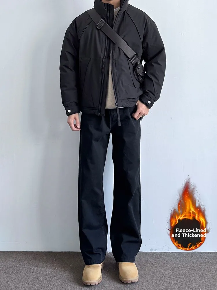 

Cleanfit Men's Black Straight Leg Fleece Lined Denim Jeans High Street Vibe American Style Loose Fit Long Trousers