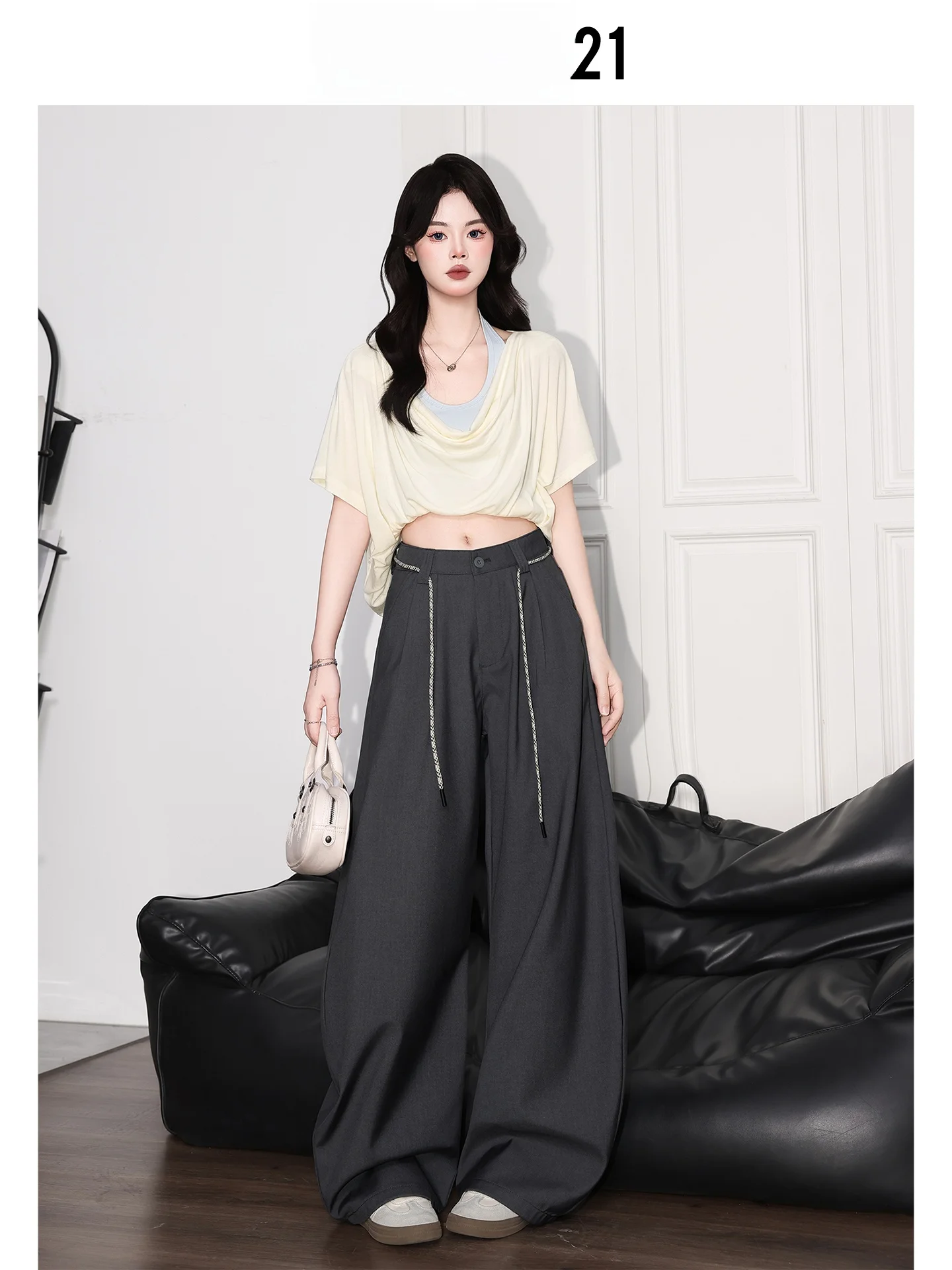 Pantalones casuales anchos grises para mujer, pantalones de traje de cintura alta estilo americano, pantalones rectos con caída, Forever 21, versátiles