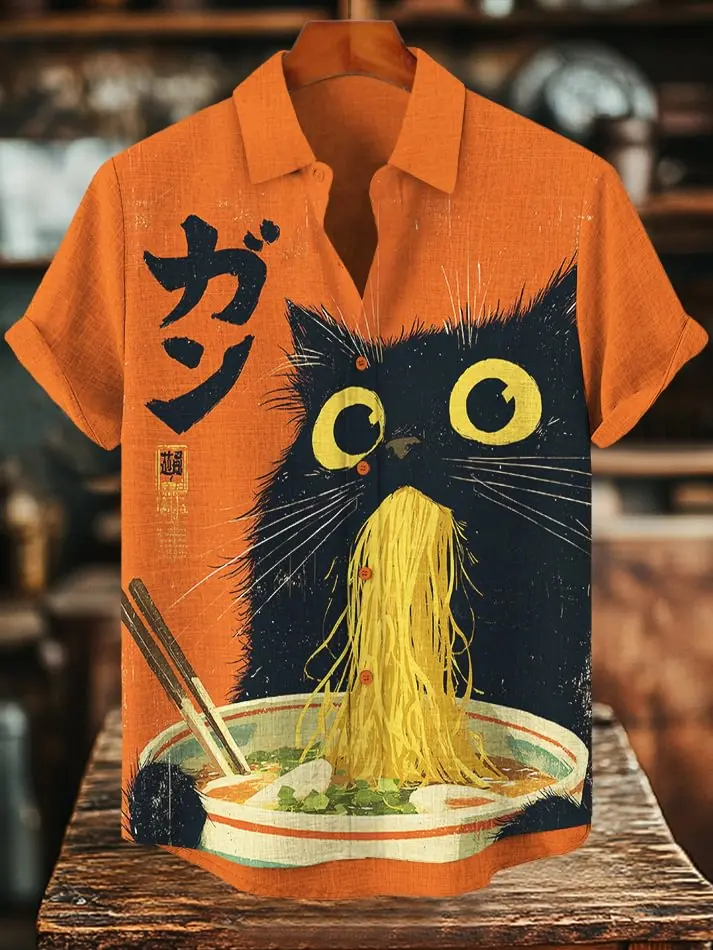

Men's Black Cat Eating Ramen Japanese Art Shirts 3D Print Casual Hawaiian Shirts Summer Men Women Short Sleeve Blouse Beach Tops
