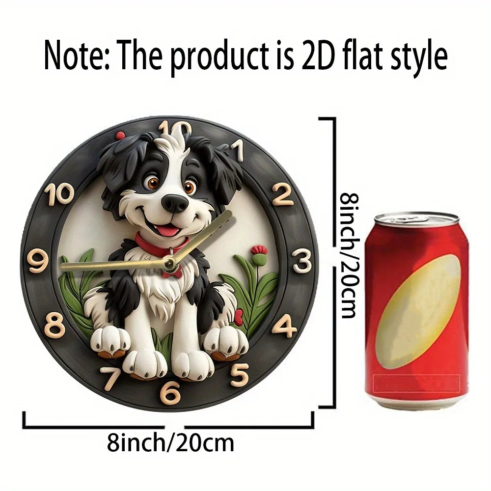 A wooden wall- clock featuring an adorable dog design. Ideal for home or office. Operates with AA