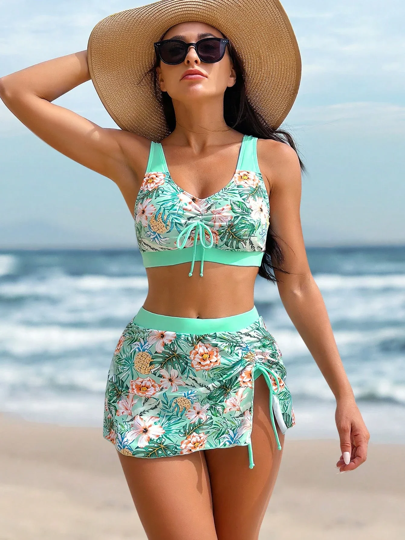 

Tropical Print Drawstring Bikini Set With Beach Skirt