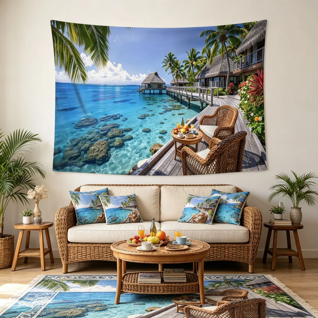 1PC Tropical Beach Resort View Print Backdrop Banner, Bedroom Living Room Photo Background, Polyester, Home Decor, Wall Art