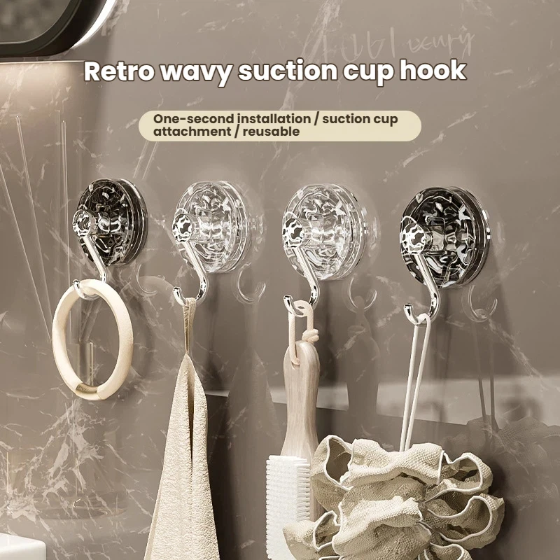 Retro Wavy Suction Cup Hooks No Drill Reusable Vacuum Wall Hooks Heavy Duty Bathroom Kitchen Door Hanging Organizer Storage Hook