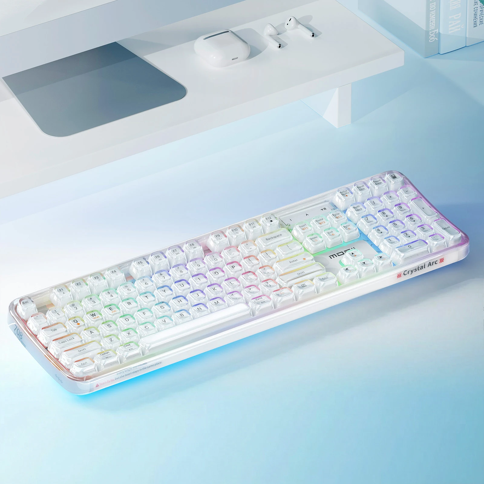 MOFii 708 Tri-Mode Rechargeable White Transparent Membrane Keyboard with Multi RGB Backlit, for Laptop Desktop Tablet