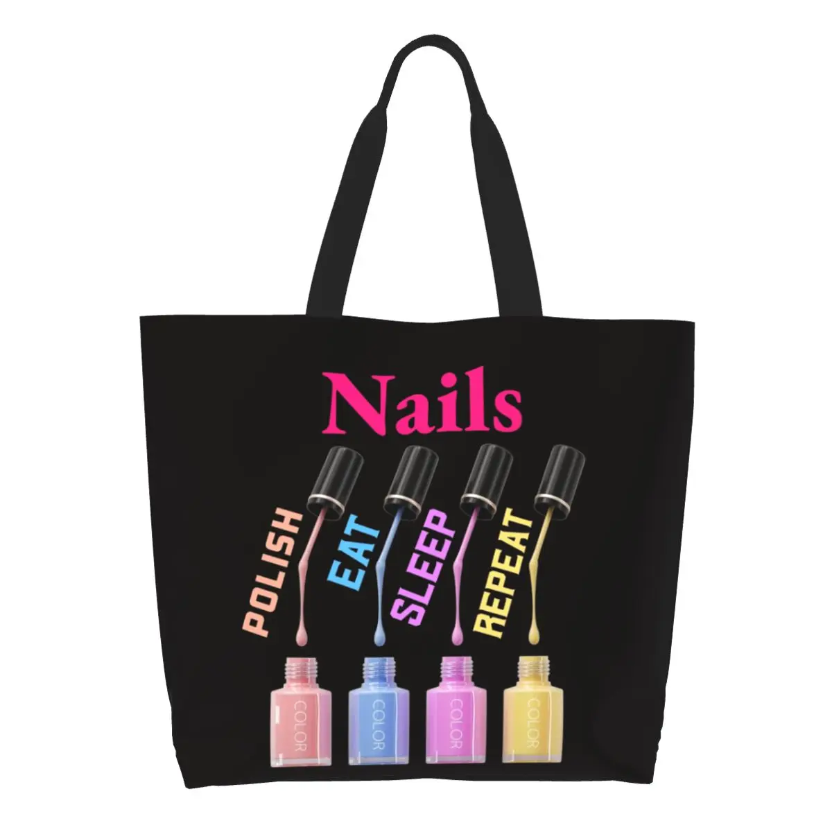 Kawaii Printed Nails Polish Eat Sleep Repeat Shopping Tote Bags Washable Canvas Shoulder Shopper Tech Funny Quotes Handbag