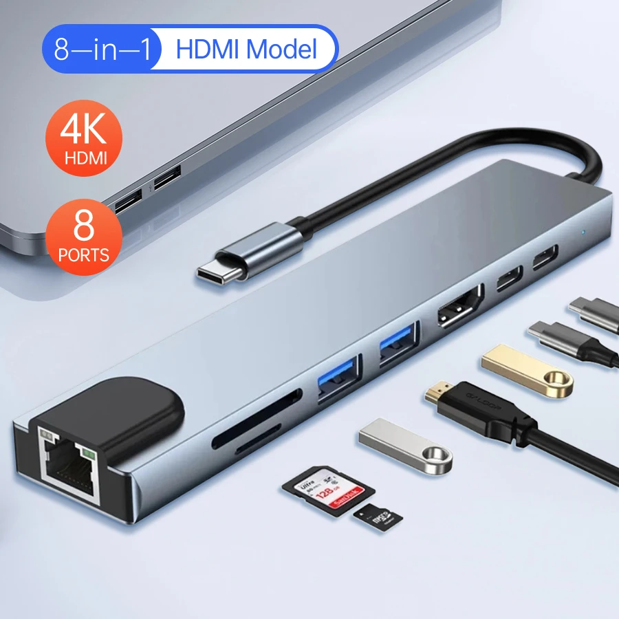 8 في 1 USB نوع C HUB محطة إرساء 87 واط PD USB 3.0 2.0 4K HDMI RJ45 مايكرو SD TF قارئ بطاقات محمول هاتف لوحي القرص محول