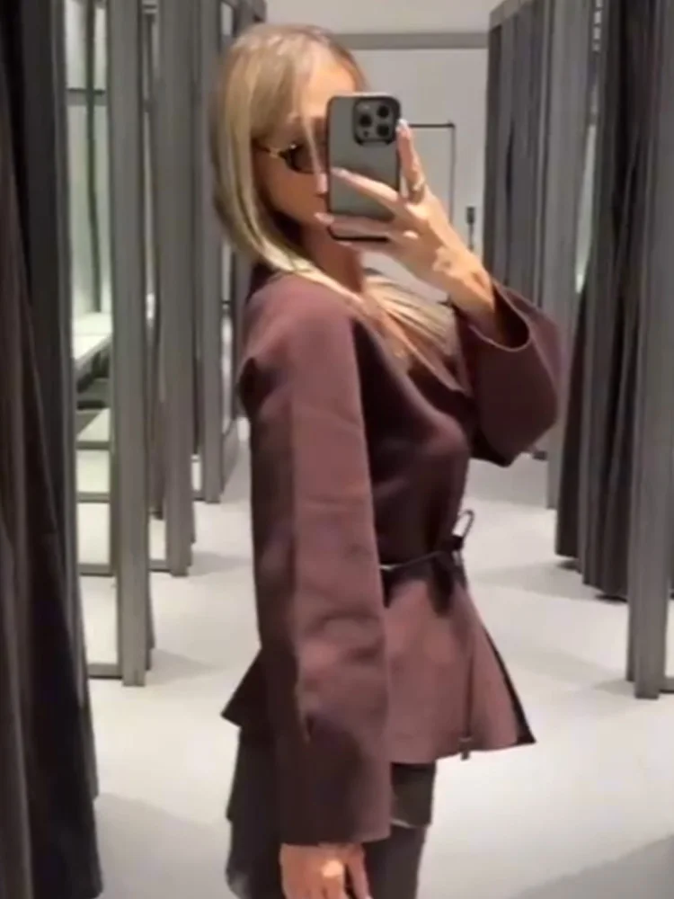 HH otoño mujer moda cinturón decoración chaqueta Tops mujer Casual manga larga cuello pico sólido alto calle tejido Cardigan moda