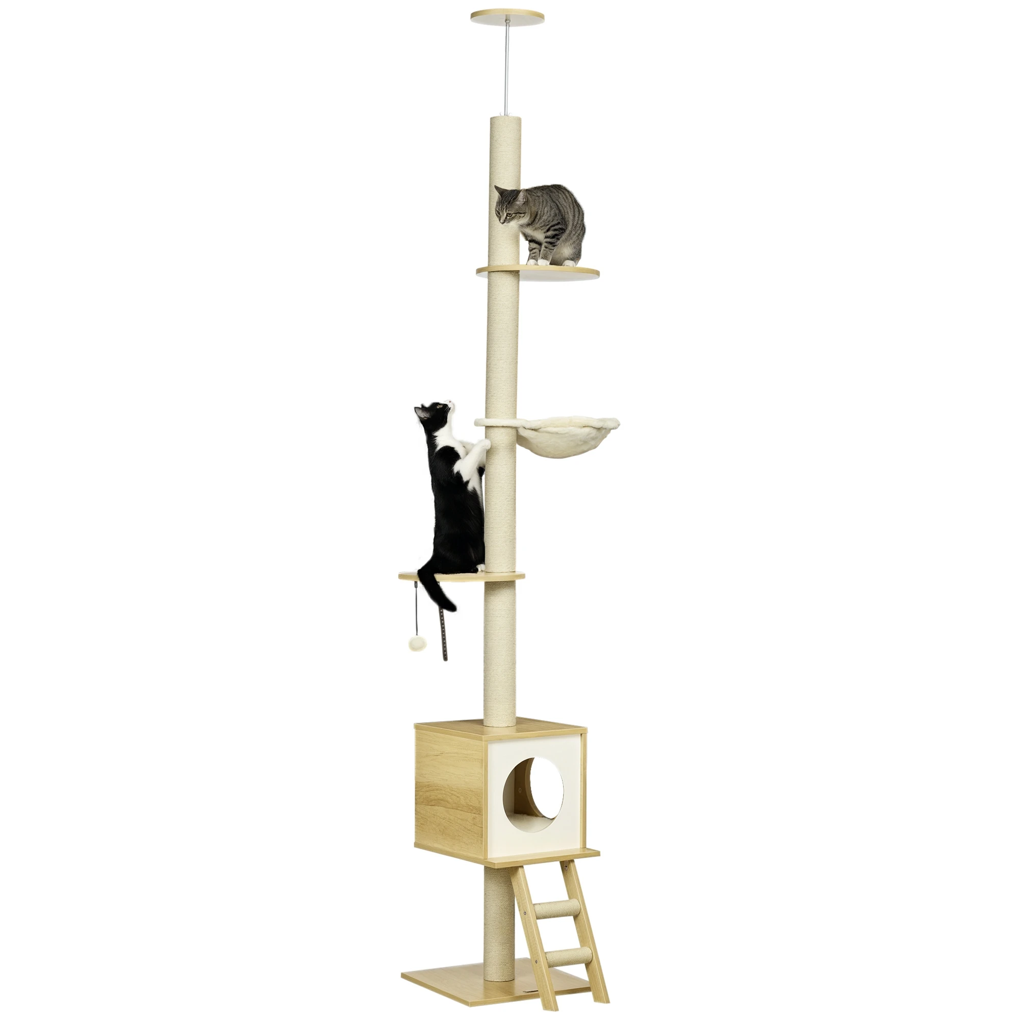 PawHut Albero da Arrampicata per Gatti, Albero da Arrampicata Alto, 240-260 cm, Albero da Grattare per Gatti, Marrone Chiaro