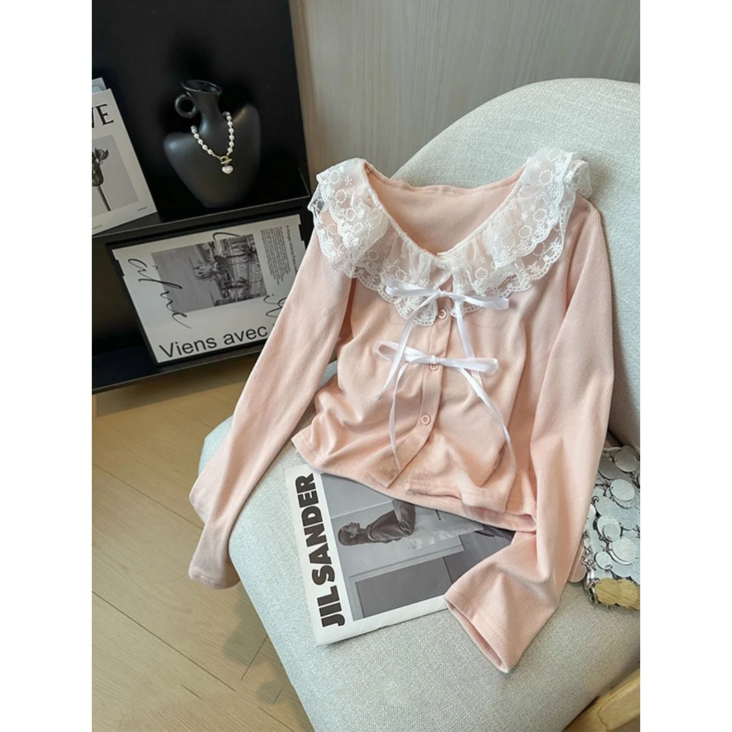 

Sweet Sle Long Sve Knitted Cardigan Women's ort Version Lace Patchwork Spring Autumn Knot Top Casual Loose Fit