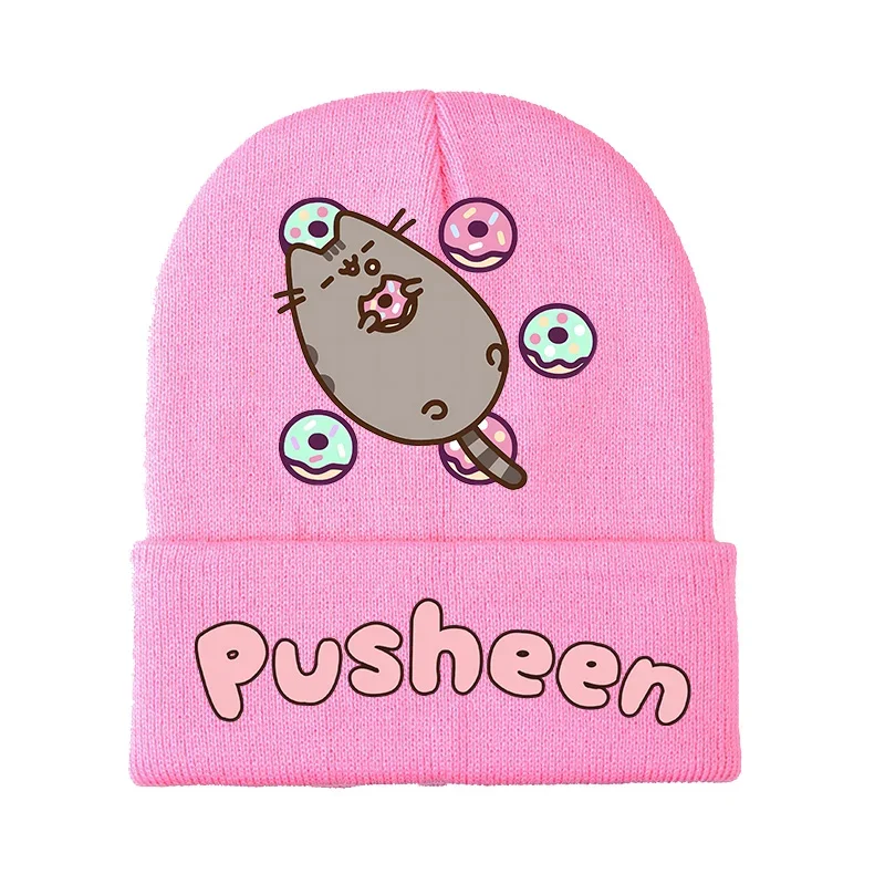 Pusheen Cat Knitted Hat Girls Autumn Winter Windproof Beanie Soft Keep Warm Anime Printed Cap Children Women Casual Accessories