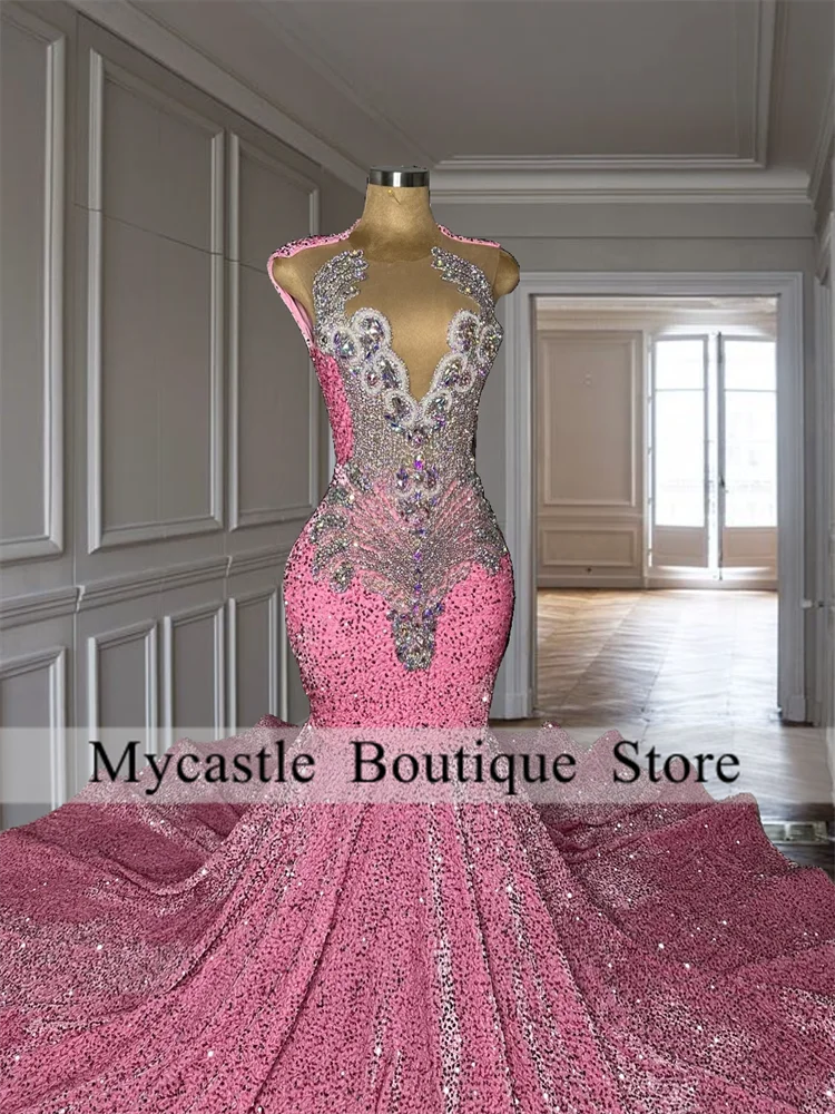 

Pink Sequins Long Prom Dress 2025 For Black Girls Beading Crystal Rhinestones Birthday Party Dress Evening Gown Customized